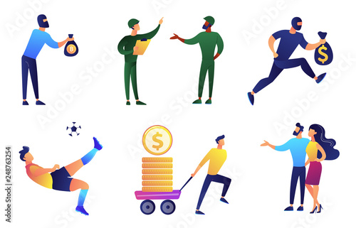 Tiny people with different occupations vector illustrations set. Soldiers and football player, businessman profit and robber, couple concept. Vector illustrations set isolated on white background.