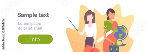 mix race women teachers couple school staff workers female cartoon characters portrait flat horizontal copy space