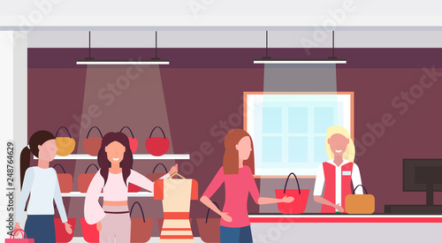 women customers standing line queue to cash desk counter big fashion shop super market female shopping mall interior modern boutique horizontal portrait flat