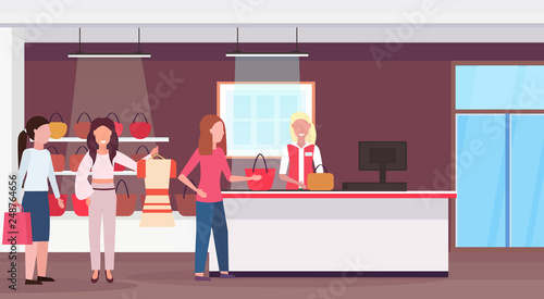 women customers standing line queue to cash desk counter big fashion shop super market female shopping mall interior modern boutique horizontal full length flat vector illustration