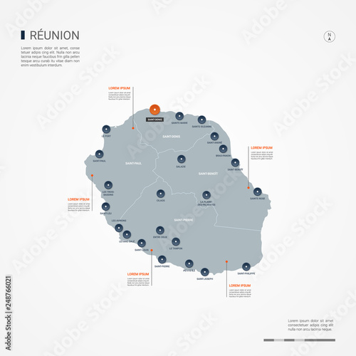 Reunion map with borders, cities, capital and administrative divisions. Infographic vector map. Editable layers clearly labeled.