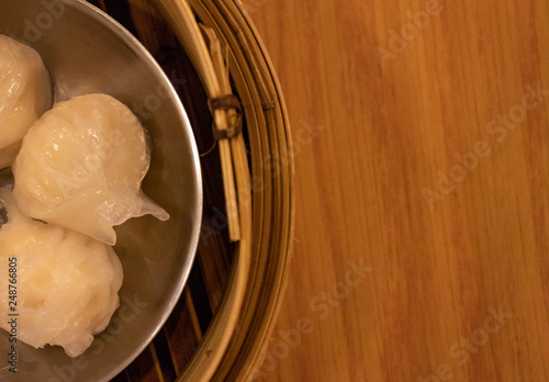 Flat lay steamed Chinese shrimp bonnet called as 
