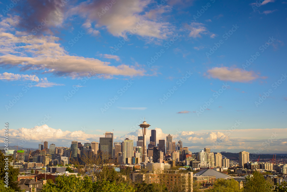 Seattle's Urban Landscape with Blue Skies and Clouds