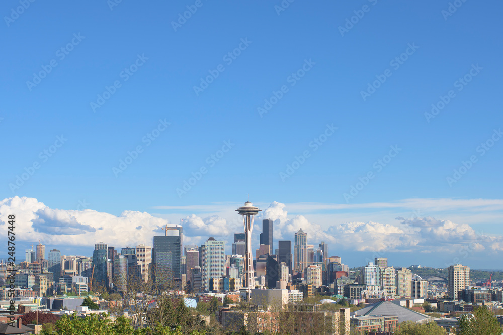 Seattle Skyline at Daytime with Blue Skies and Clouds
