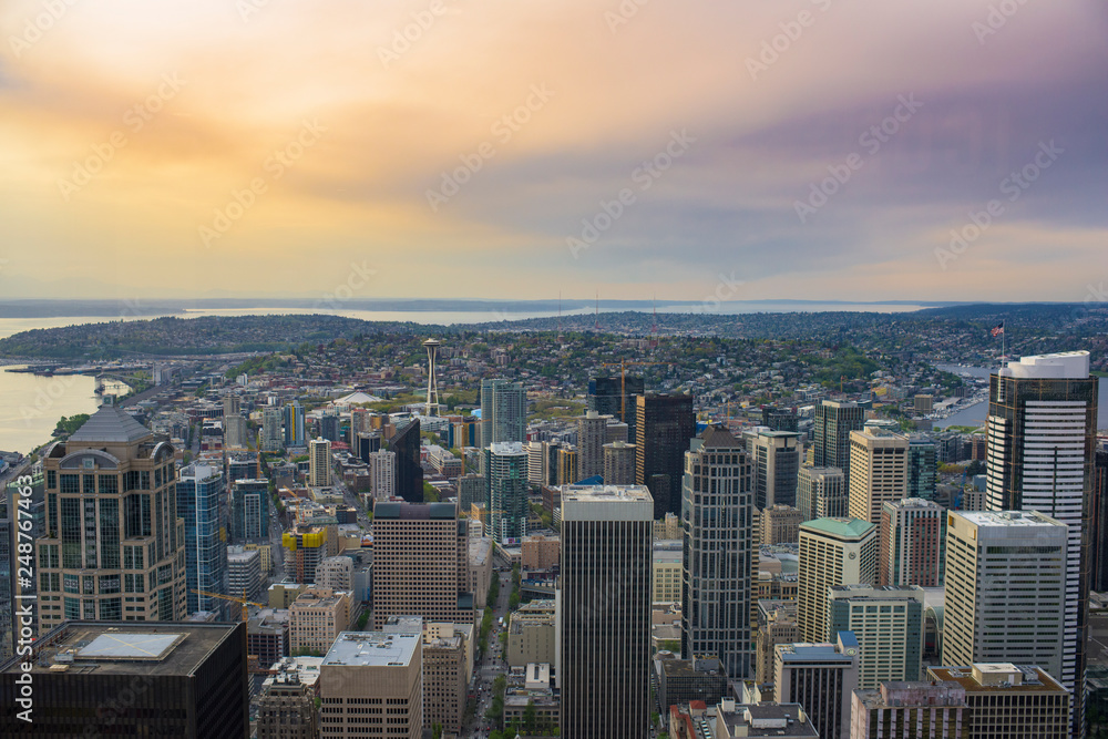 Vibrant Sunset over Seattle Skyline with Waterfront View