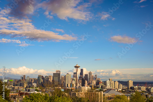 Seattle's Urban Landscape with Blue Skies and Clouds"
