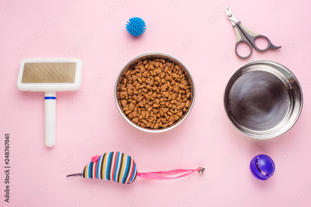 Pet, cat, food and accessories of cat's life flat lay, on a pink background. Background for design. Pet, cat, food and accessories of cat's life flat lay, on a pink background. Background for design.