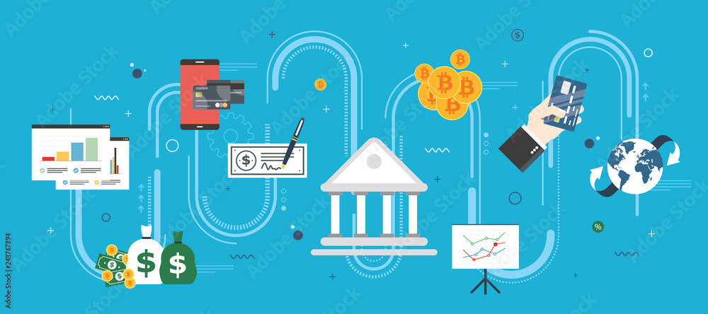 Banking and finance, economy, investment and payment. Online payment, credit card, check, bitcoin or cryptocurrency. Internet banner concept in flat design vector illustration in blue background.