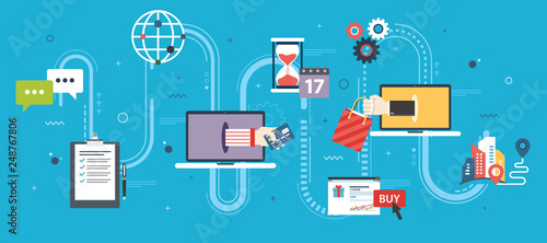 Store, online shopping and e-commerce. Buy, sale, payment and delivery of product. E-commerce, online shopping, credit card, laptop, support and delivery icons. Flat design vector illustration.