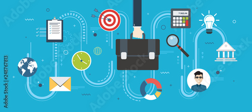 Cooperation strategy,business vision and leadership. Businessman hand holding a briefcase. Target, briefcase, bank, office, calculator, worldmap and business icons.Flat design vector illustration. 