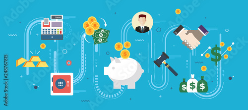 Finance and economy, investment, savings and business. Coin deposit in piggy bank, handshake between businessman. Safe, gold, cash register and money icons. Flat design vector illustration.