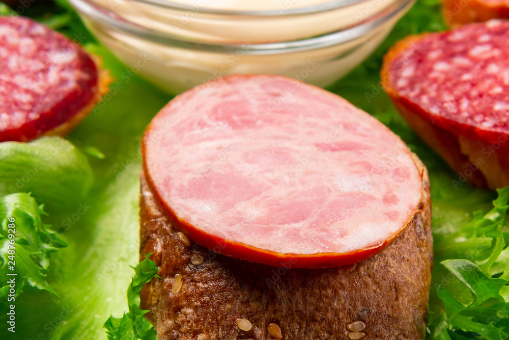 Several sandwiches with sausage and salami and sauce on a plate, close up Several sandwiches with sausage and salami and sauce on a plate, close up