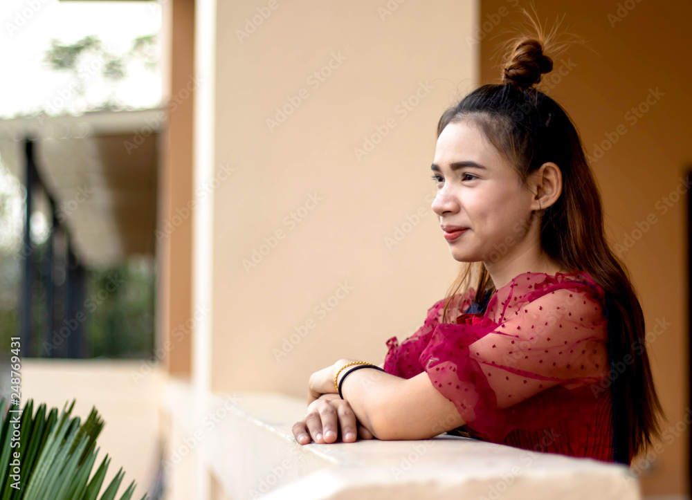 Women white skin lovely wear lace shirt red wear jeans dungarees blue women standing at balcony poses photography portrait. Women white skin lovely wear lace shirt red wear jeans dungarees blue women standing at balcony poses photography portrait.