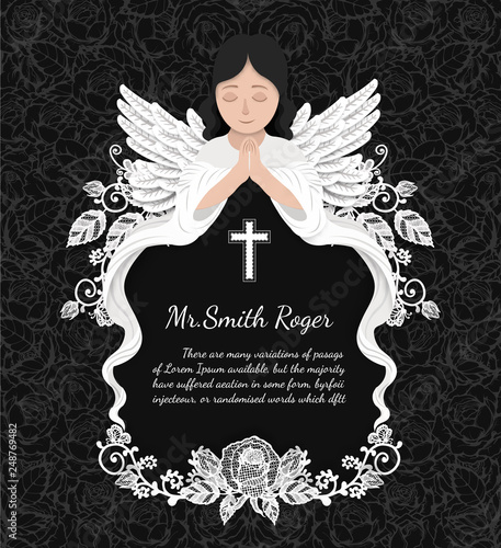 Angel with lace rose funeral card by hand drawing.Flower vector art highly detailed in line art style.