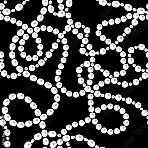 Messy white pearls necklaces and bracelets on black, seamless pattern, vector