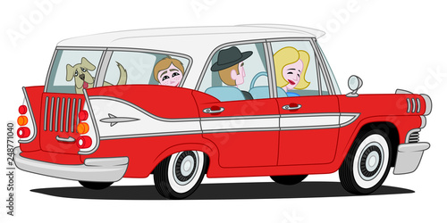 Vintage Cartoon Family in a Station Wagon