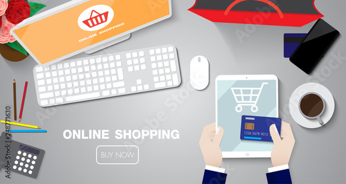 online shopping sale with taplet by credit card on table