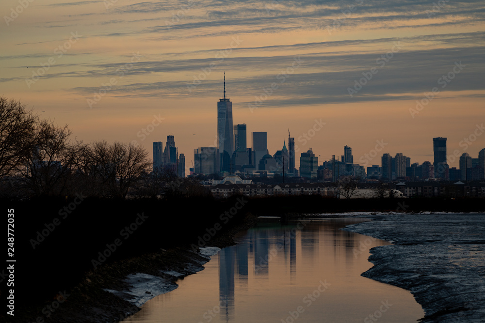 Fototapeta premium A look at NY city from a nature preserve at dusk.