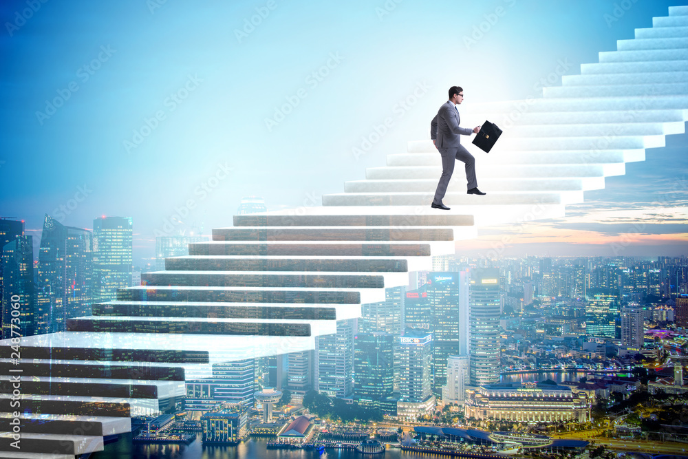 Businessman climbing career ladder over city Businessman climbing career ladder over city