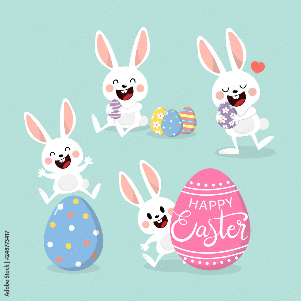 Fototapeta premium Cute white rabbit and Easter eggs. Animal holidays cartoon vector. Bunny character collection.