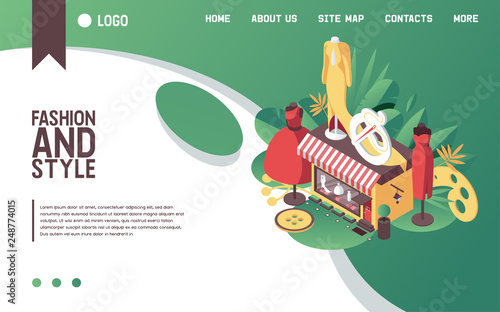 Vector concept banner or landing page template for private atelier boutique or seamstress workshop in isometric style with mannequiens and vivid gradients. Fashion illustration with woman dresses