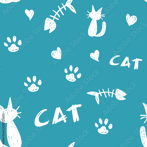Sketchy Cat Shapes on Teal Background Seamless Pattern