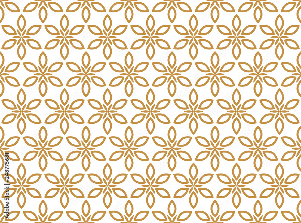 Flower geometric pattern. Seamless vector background. White and gold ornament. Ornament for fabric, wallpaper, packaging, Decorative print Flower geometric pattern. Seamless vector background. White and gold ornament. Ornament for fabric, wallpaper, packaging, Decorative print