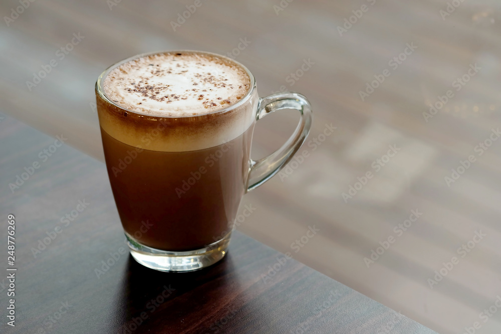 Hot chocolate with milk foam and space for write wording, high nutrition hot drink sold in coffee shop and bakery shop Hot chocolate with milk foam and space for write wording, high nutrition hot drink sold in coffee shop and bakery shop