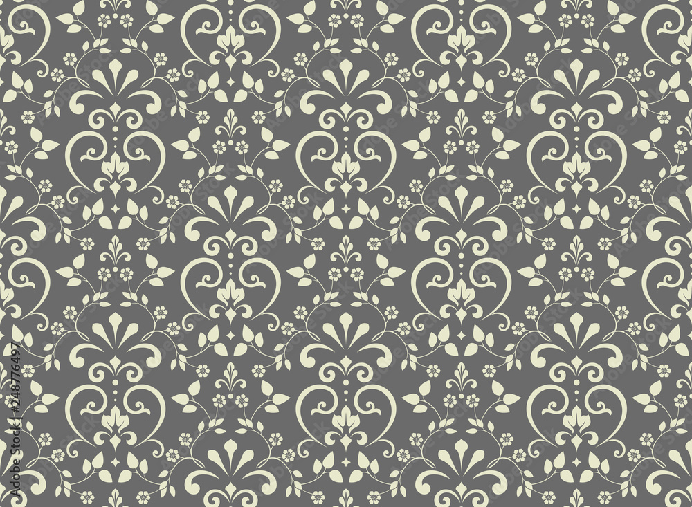 Wallpaper in the style of Baroque. Seamless vector background. Grey floral ornament. Graphic pattern for fabric, wallpaper, packaging. Ornate Damask flower ornament