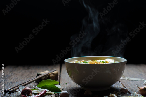 noodle Soup hot with smoke on the Table