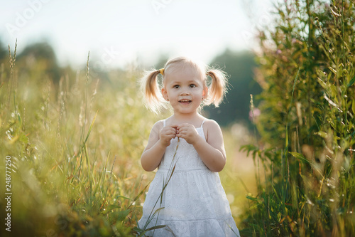 Beautiful baby girl  in white dress walking in a sunny field. Cute baby girl 2-3 year old  playing  in a meadow. 