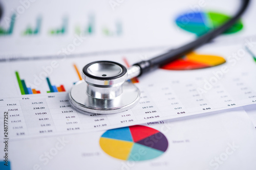 Stethoscope and US dollar banknotes on chart or graph paper, Financial, account, statistics and business data concept.