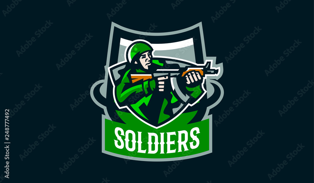 Naklejka premium The emblem of the soldier. Logo of a military man. Military force soldier. Сamouflage, sniper, troops, commando, green, mascot, brave, hero, forces, army, weapon, machine gun. Vector illustration
