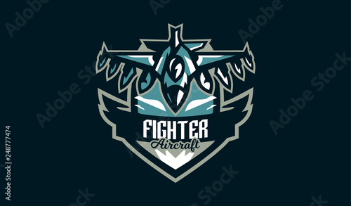 The emblem of a military aircraft. Aircraft logo. Military equipment, wings, fighter, plane, jet, war, bomber, airplane, airscrew, airforce. Vector illustration