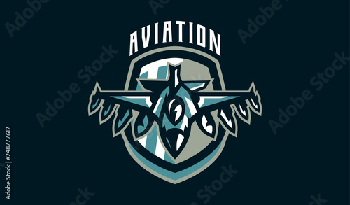 The emblem of a military aircraft. Aircraft logo. Military equipment, wings, fighter, plane, jet, war, bomber, airplane, airscrew, airforce. Vector illustration