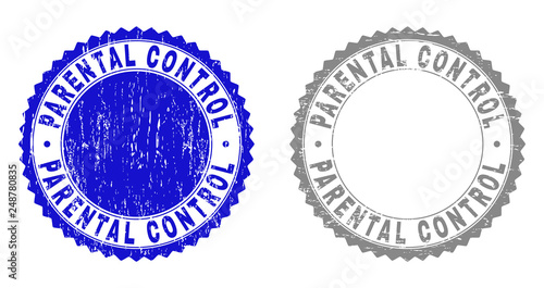 Grunge PARENTAL CONTROL stamp seals isolated on a white background. Rosette seals with grunge texture in blue and gray colors. Vector rubber stamp imprint of PARENTAL CONTROL tag inside round rosette.