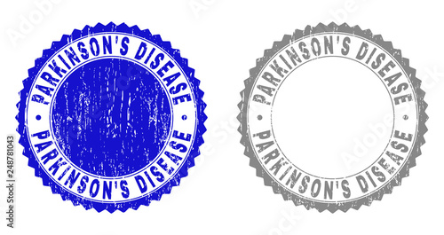 Grunge PARKINSON'S DISEASE stamp seals isolated on a white background. Rosette seals with distress texture in blue and grey colors.