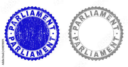 Grunge PARLIAMENT stamp seals isolated on a white background. Rosette seals with distress texture in blue and gray colors. Vector rubber stamp imprint of PARLIAMENT title inside round rosette.