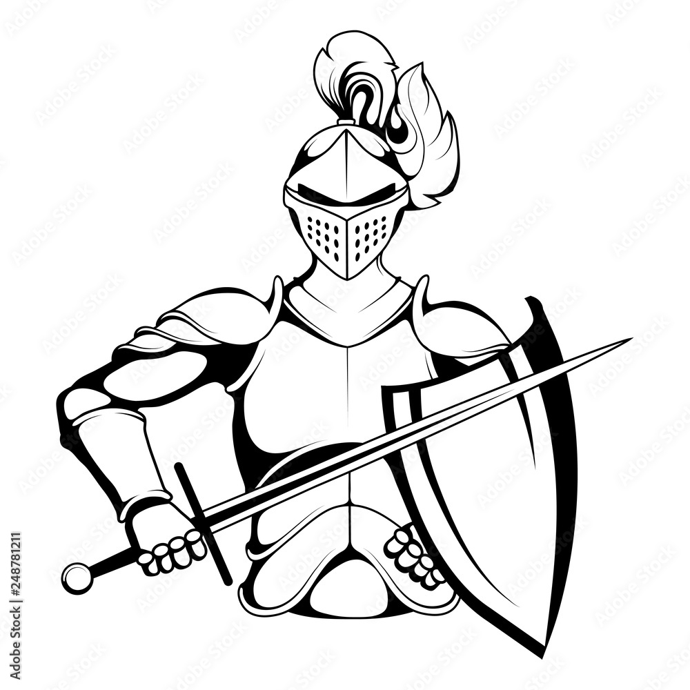 Knight Mascot Graphic, knight warrior in armor and with a sword in his ...
