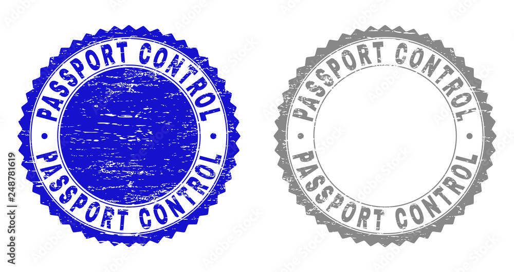 Obraz premium Grunge PASSPORT CONTROL stamp seals isolated on a white background. Rosette seals with grunge texture in blue and grey colors.