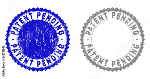 Grunge PATENT PENDING watermarks isolated on a white background. Rosette seals with grunge texture in blue and grey colors. Vector rubber stamp imprint of PATENT PENDING label inside round rosette.