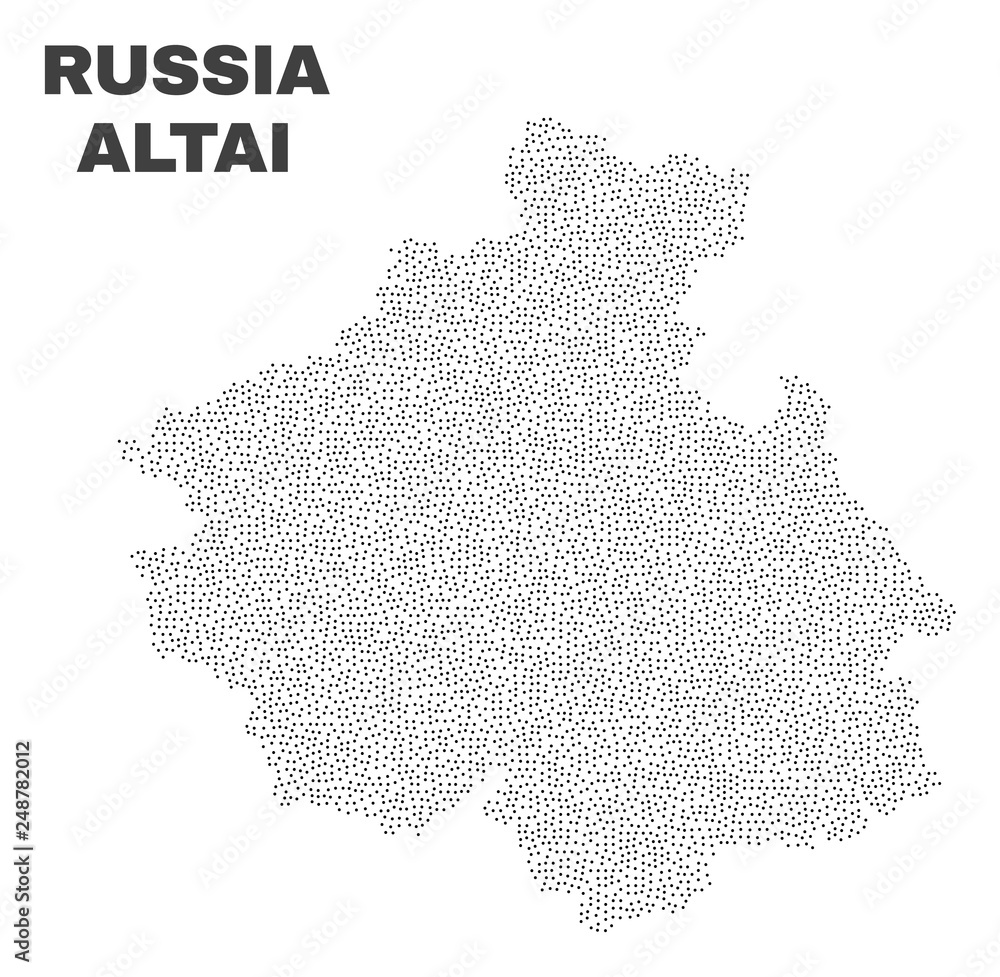 Altai Republic map designed with small dots. Vector abstraction in black color is isolated on a white background. Scattered tiny dots are organized into Altai Republic map.