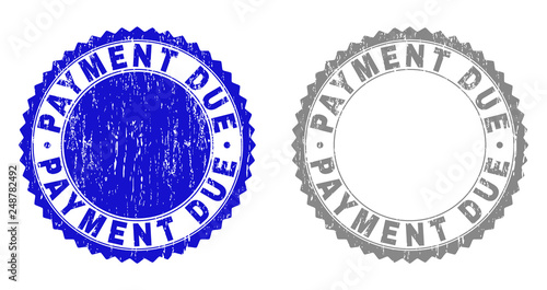 Grunge PAYMENT DUE stamp seals isolated on a white background. Rosette seals with distress texture in blue and grey colors. Vector rubber stamp imprint of PAYMENT DUE label inside round rosette.