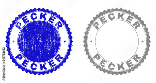 Grunge PECKER stamp seals isolated on a white background. Rosette seals with grunge texture in blue and gray colors. Vector rubber overlay of PECKER text inside round rosette.
