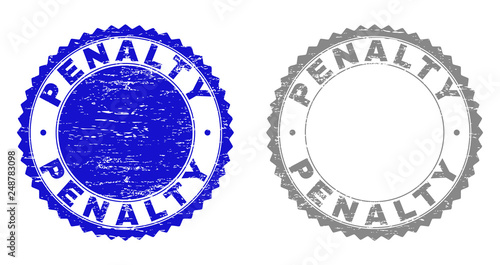 Grunge PENALTY stamp seals isolated on a white background. Rosette seals with grunge texture in blue and grey colors. Vector rubber stamp imprint of PENALTY label inside round rosette.