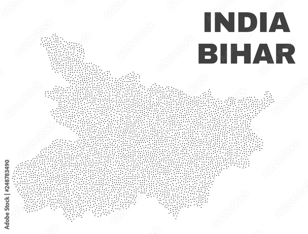 Fototapeta premium Bihar State map designed with tiny points. Vector abstraction in black color is isolated on a white background. Random little points are organized into Bihar State map.