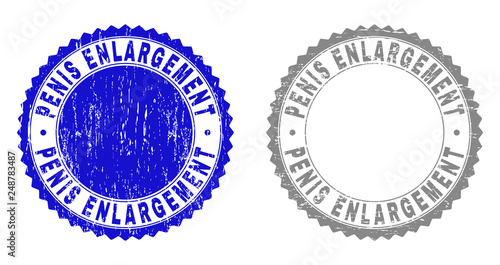 Grunge PENIS ENLARGEMENT stamps isolated on a white background. Rosette seals with grunge texture in blue and grey colors.