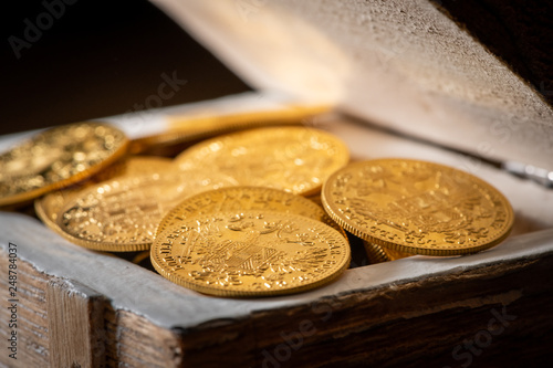 Gold coins in a small wooden box