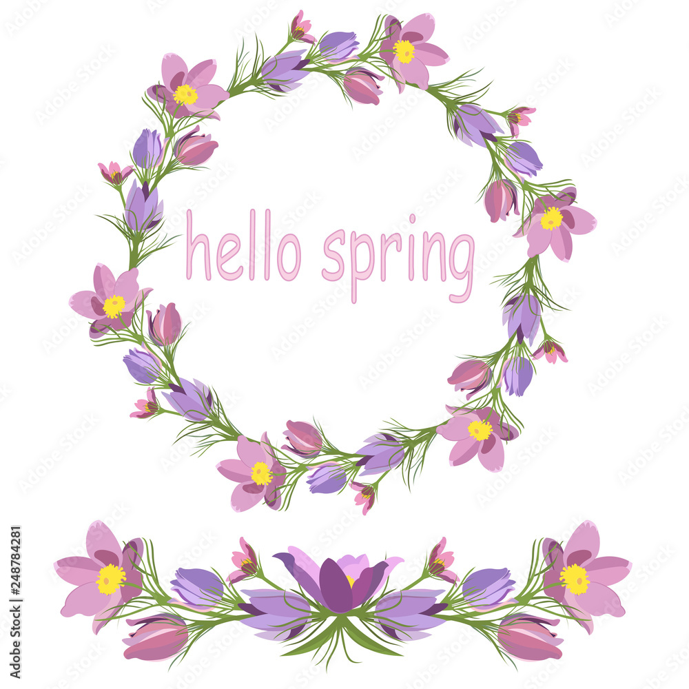 wreath and garland of spring flowers primroses isolated on white background