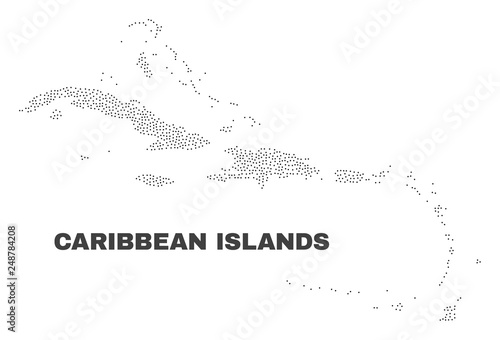 Caribbean Islands map designed with little dots. Vector abstraction in black color is isolated on a white background. Scattered little dots are organized into Caribbean Islands map.
